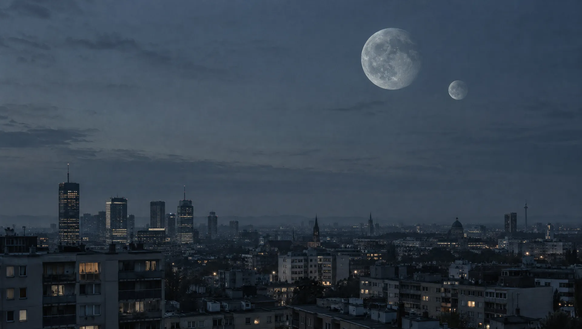 An ordinary city at blue hour, seen from a rooftop. There are two moons in the sky.