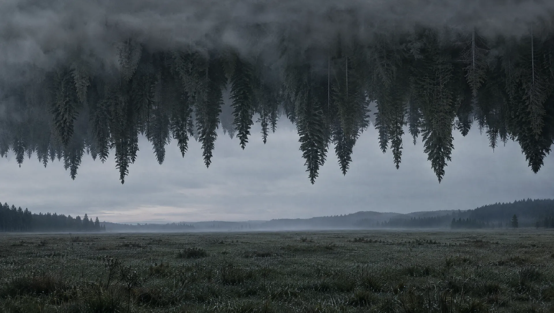 A pine forest hangs upside down from the clouds above an empty meadow.