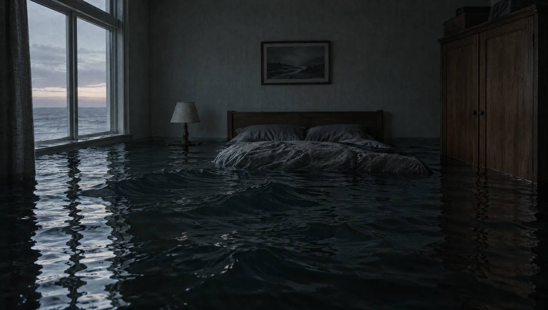 A bedroom flooded to the windowsill with calm sea water. Small waves cross the room.