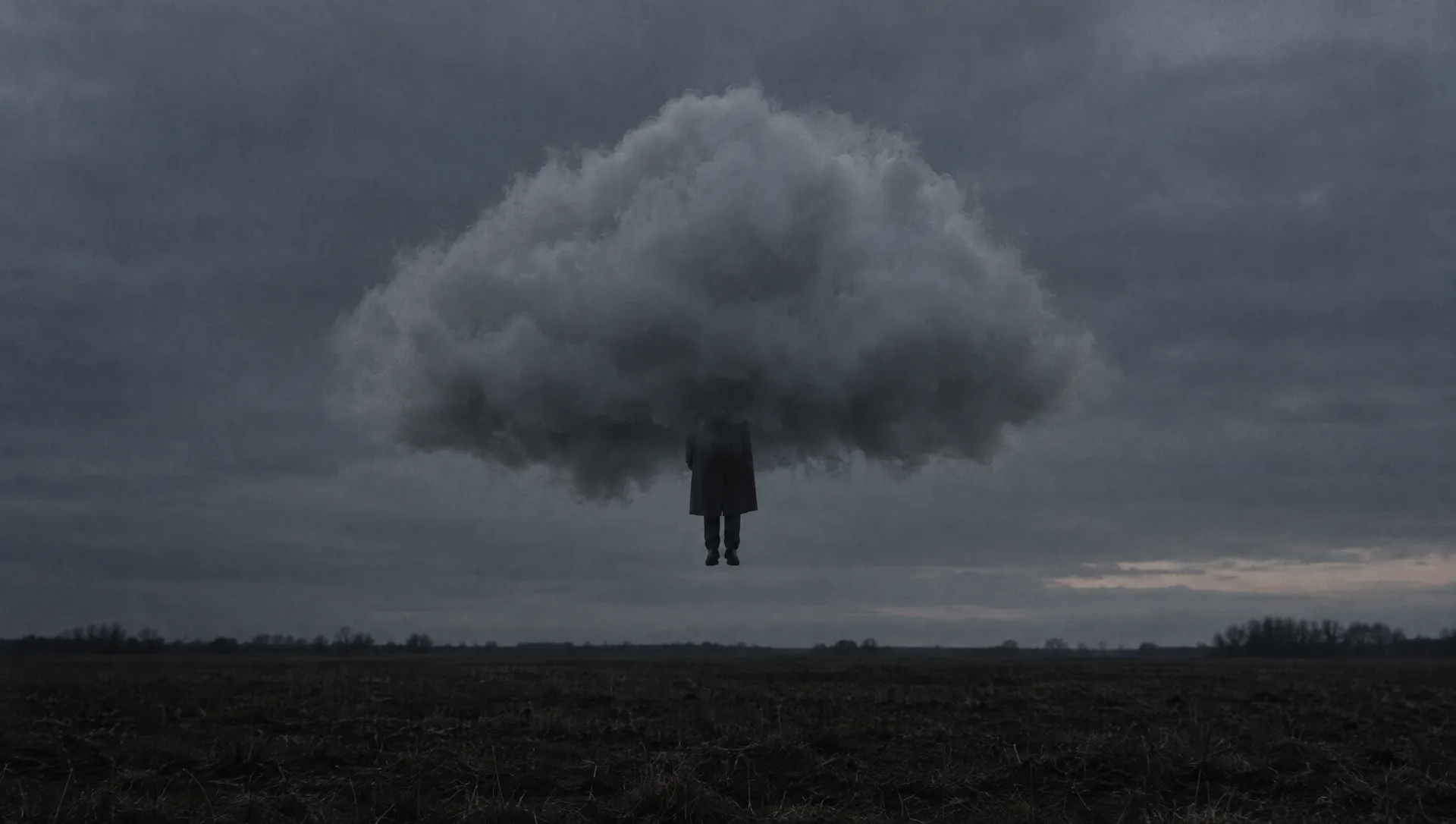 A figure in a dark coat stands inside a low cloud, feet off the ground.