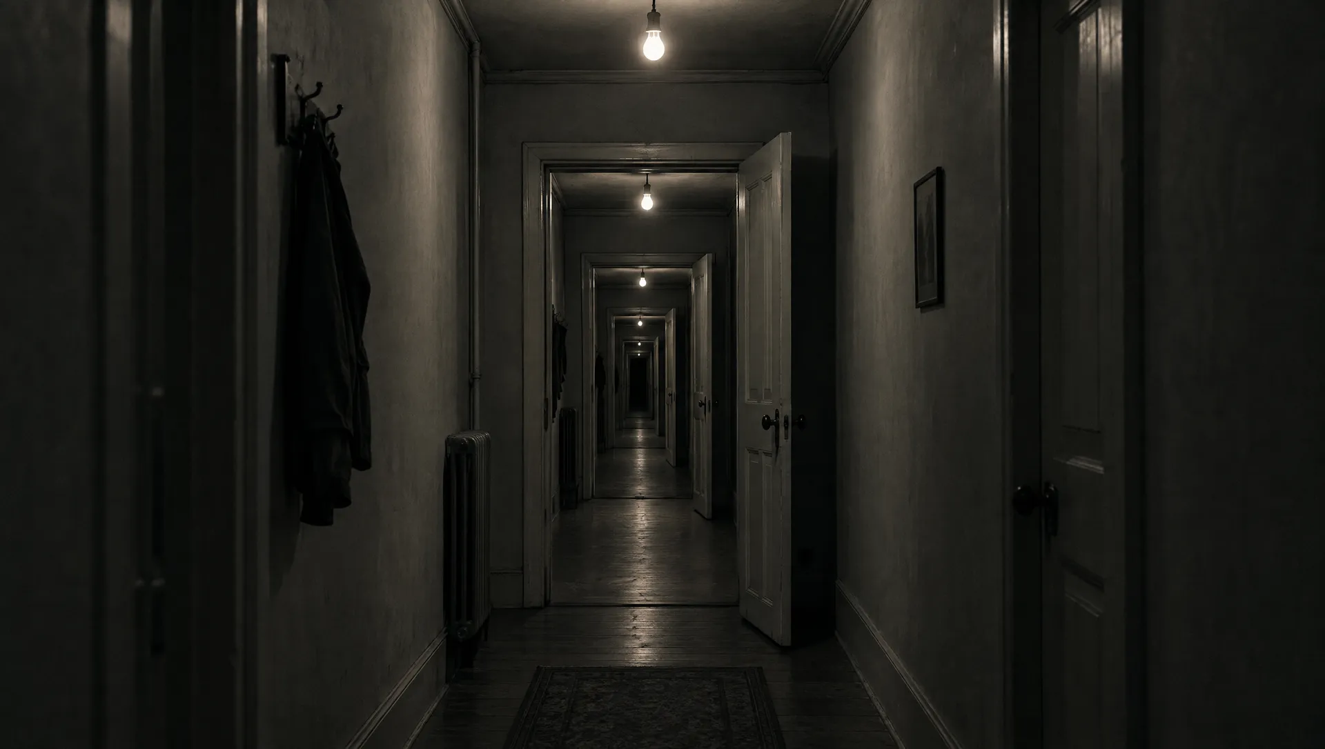 An open door at the end of a hallway leads into the same hallway, again and again.