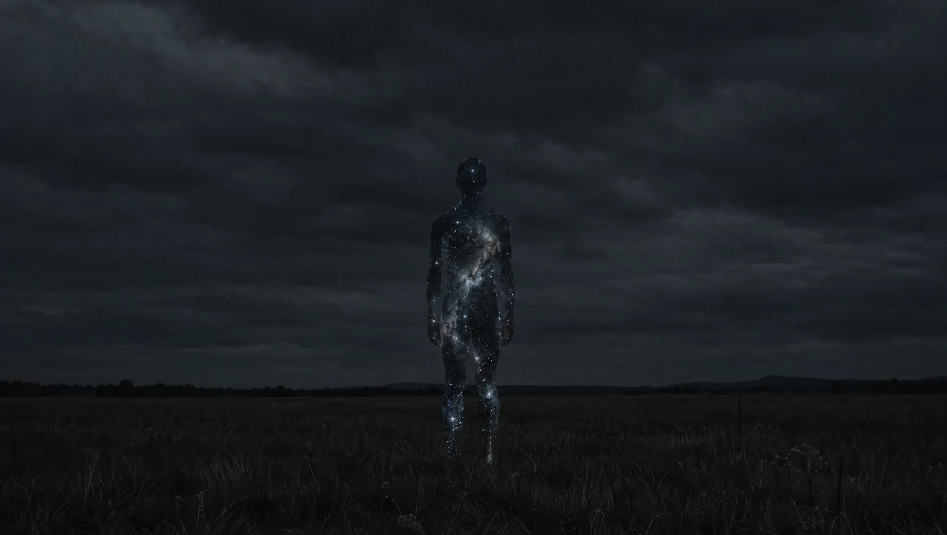 A human shape made of stars stands in a dark field.