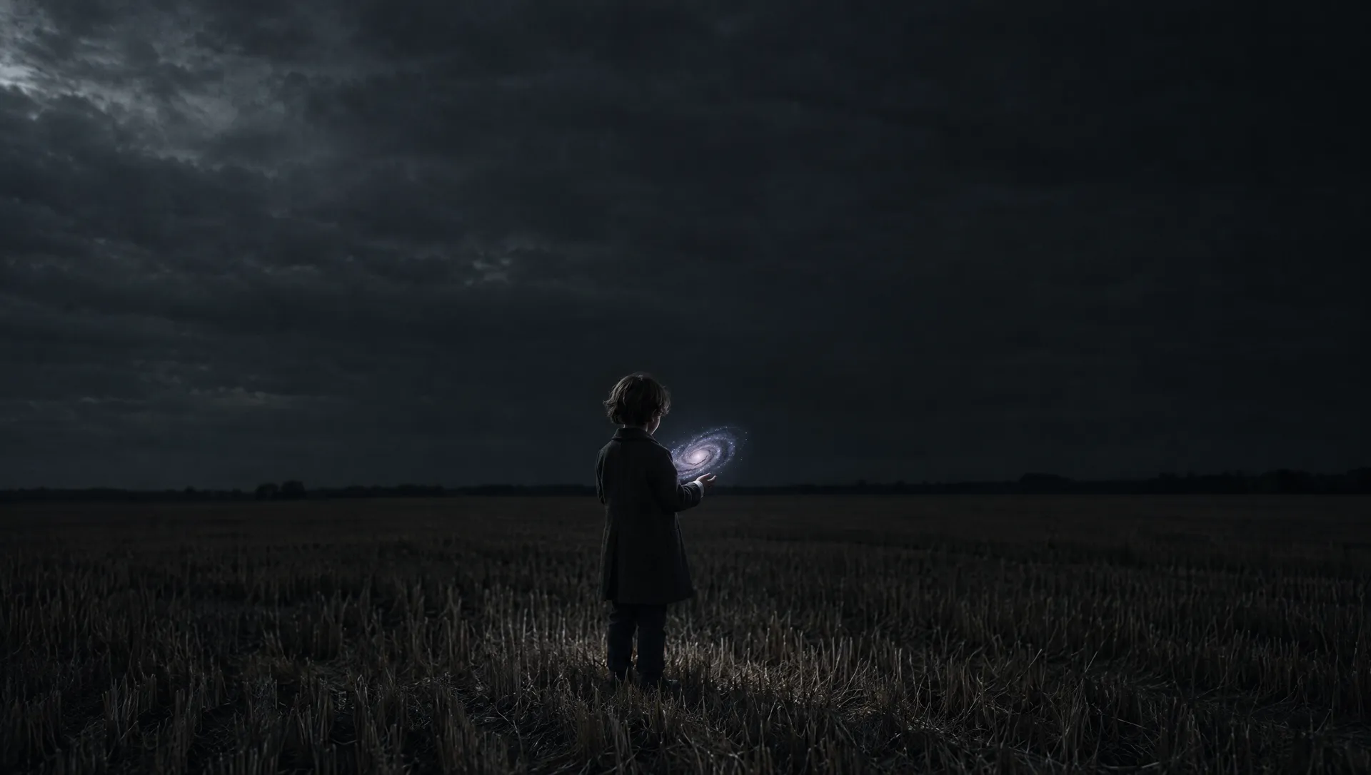 A child stands alone in a dark harvested field at night, holding a small spiral galaxy in cupped hands. Its light is the only light.