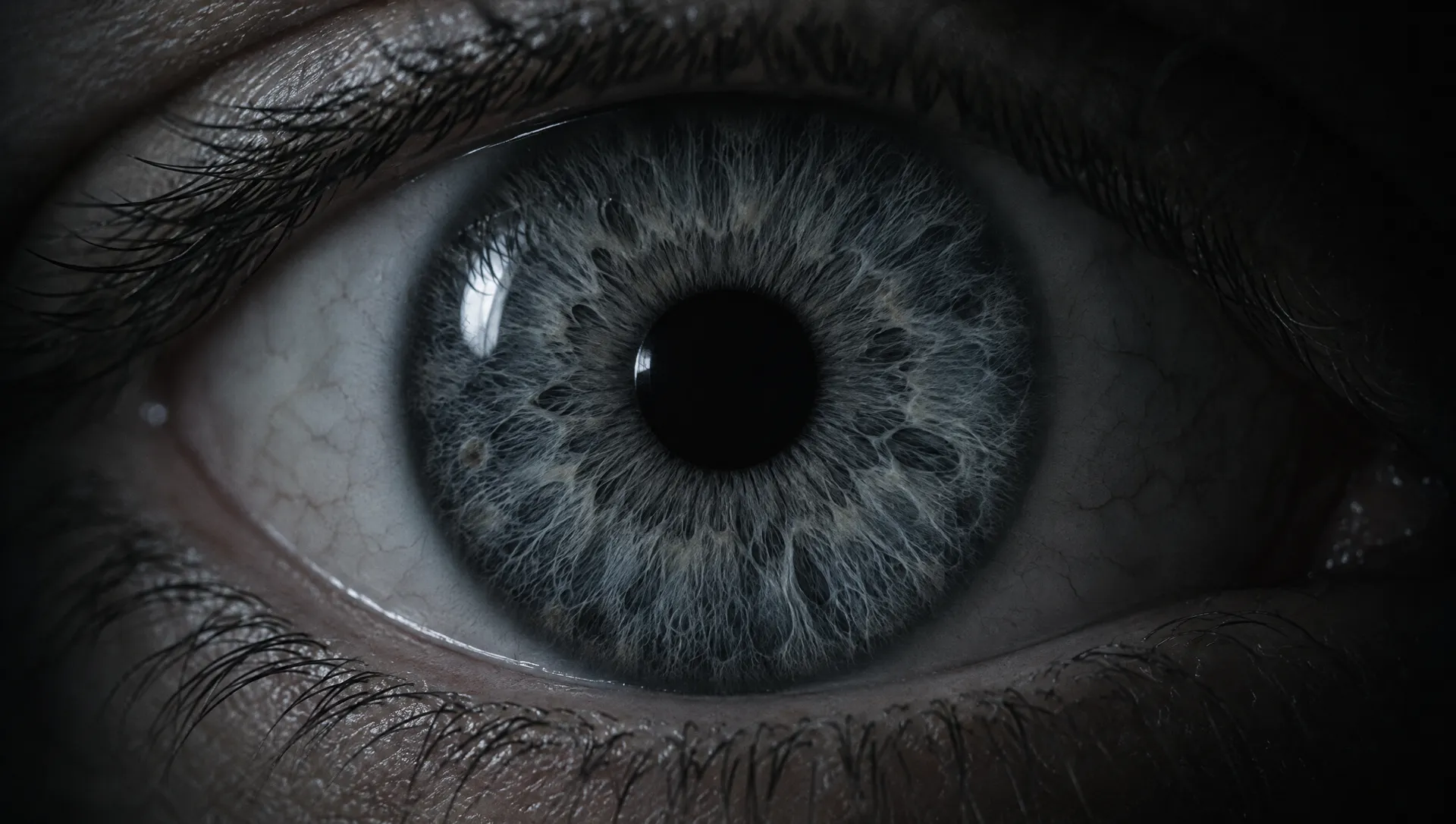 A grey human eye, so close the iris fills the frame.