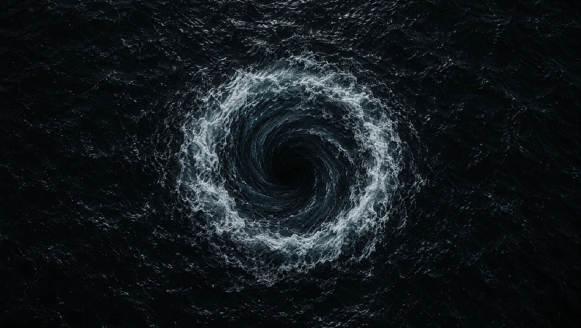 A whirlpool of white foam turning in a dark ocean.