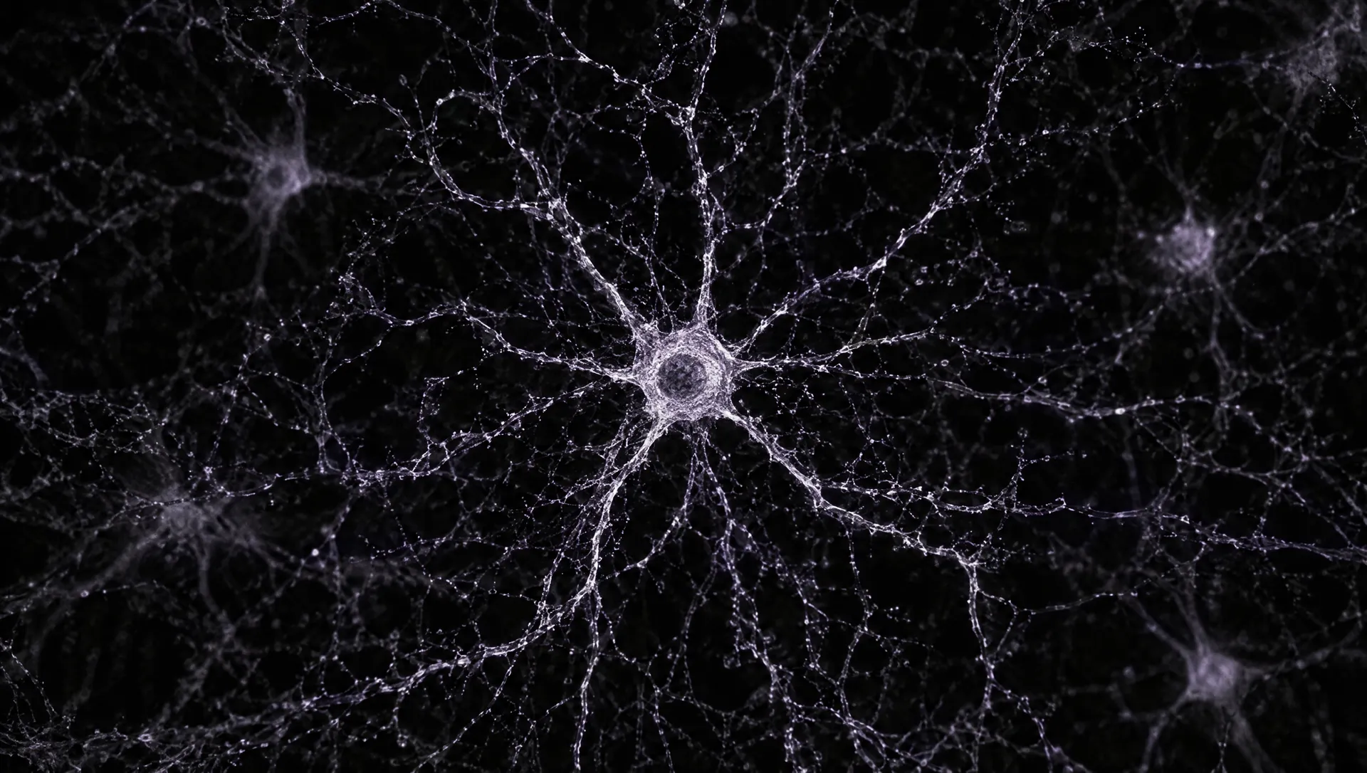 A single neuron under a microscope, branches spreading in every direction.