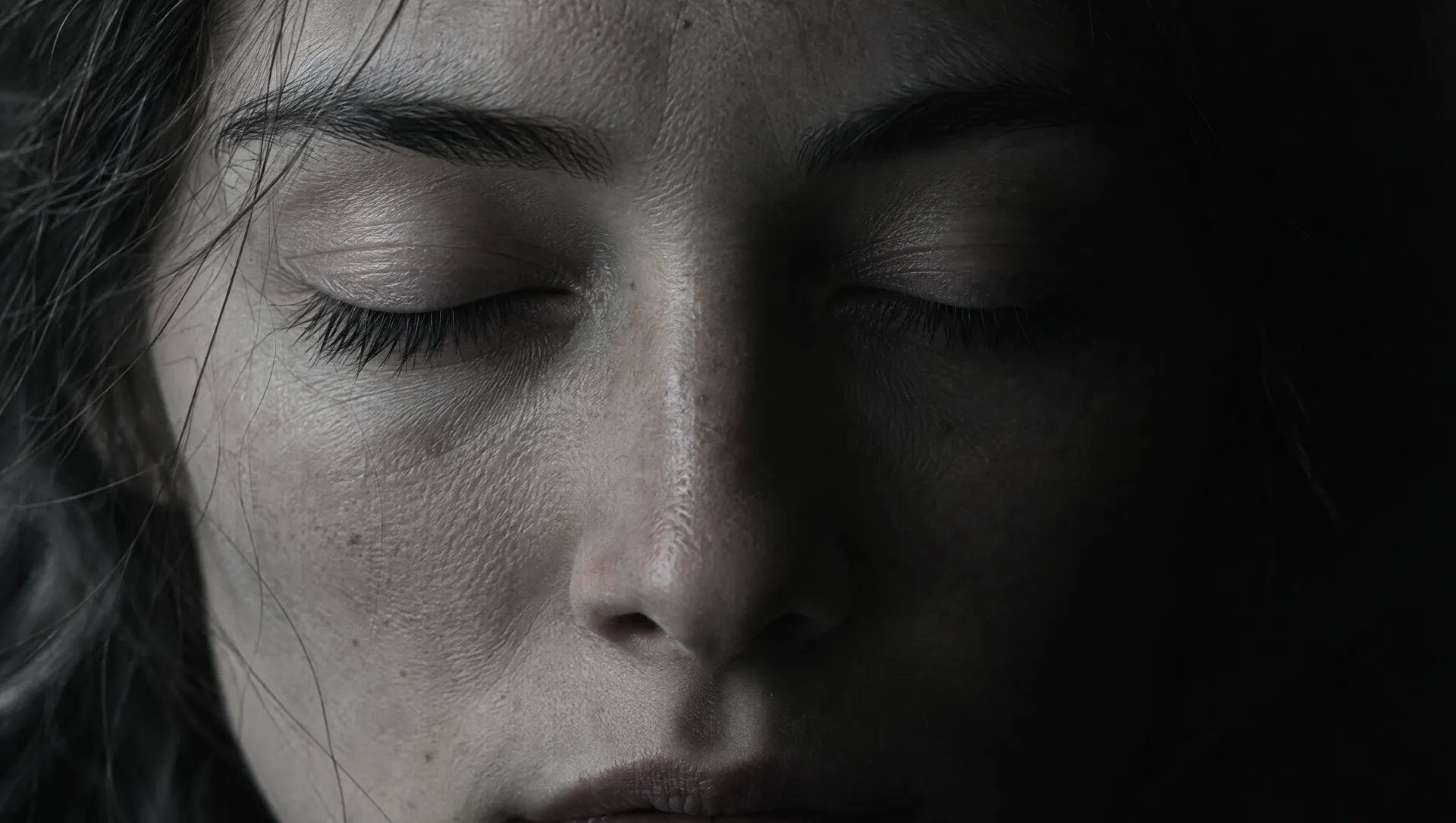 A face with closed eyes, asleep or dreaming.