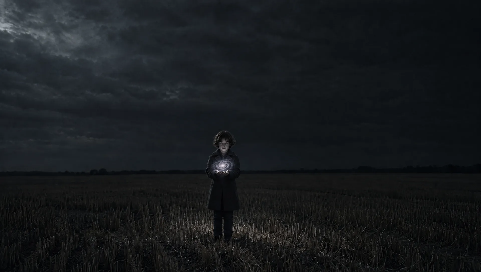 The same child in the same field, now turned around, looking straight at you.