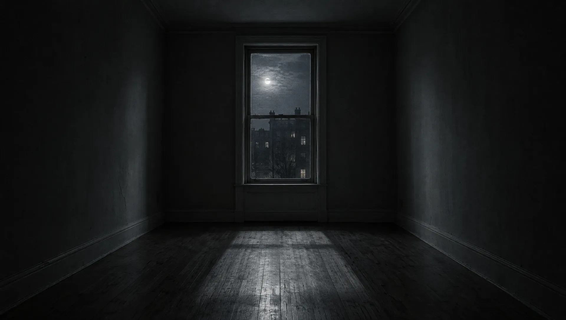 An empty room at night, one window, moonlight across the floorboards.