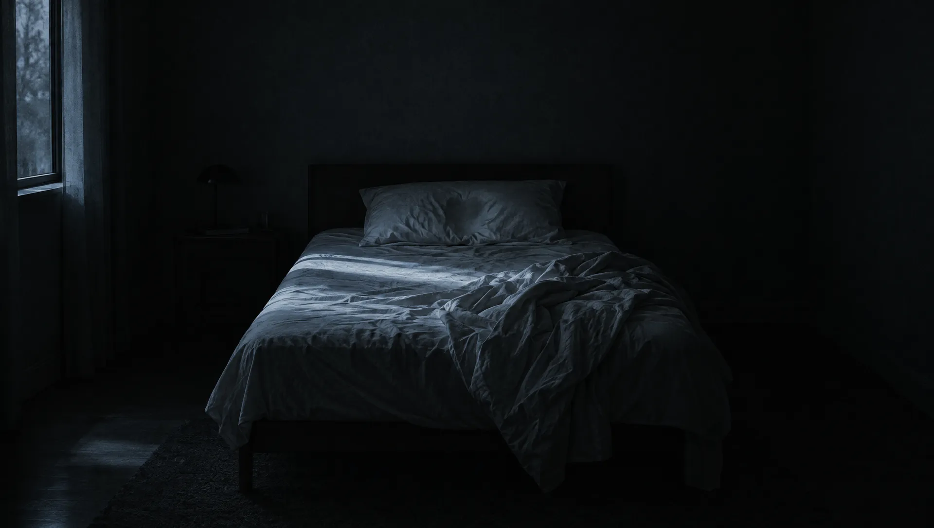 An unmade bed before dawn. The pillow still holds the shape of a head. Nobody is there.
